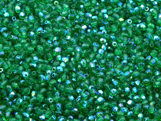 Faceted Round Fire Polished Beads, Transparent Green Ab (50630-28701), Glass, Czech Republic