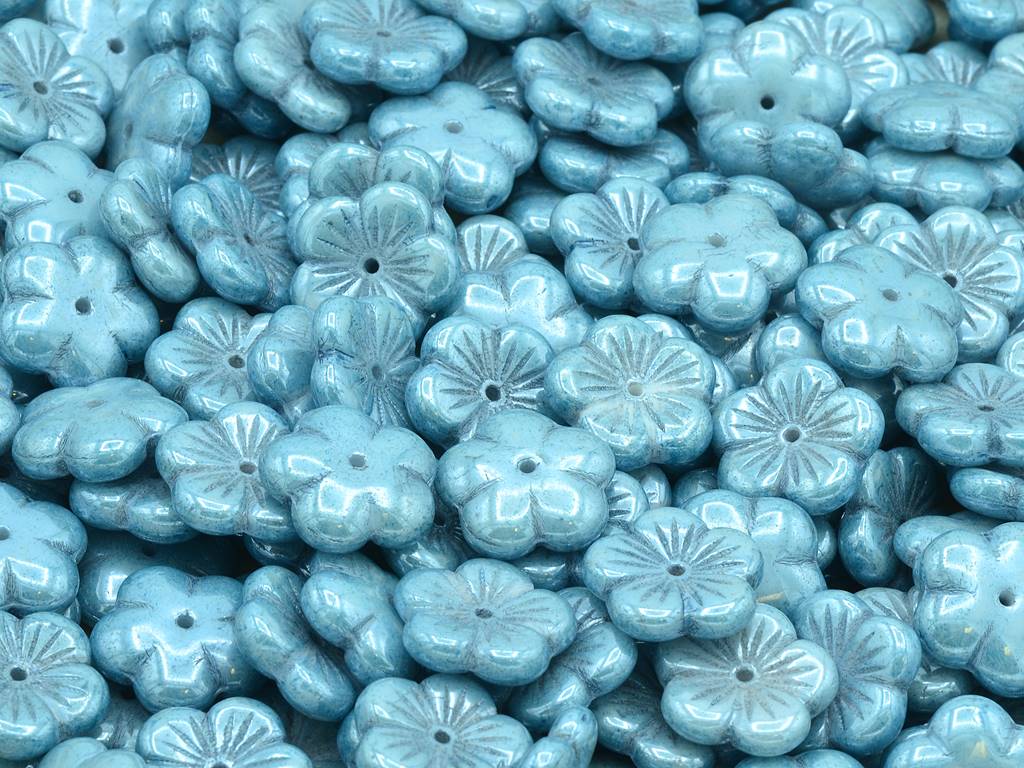 Cherry Flower Beads, Chalk White Luster Blue Full Coated (03000-14464), Glass, Czech Republic