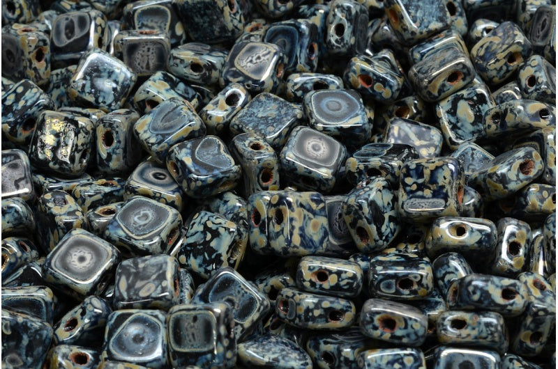 OUTLET 10 克 2 孔扁平丝质方形珠子，黑色毕加索（23980-43400），玻璃，捷克共和国
