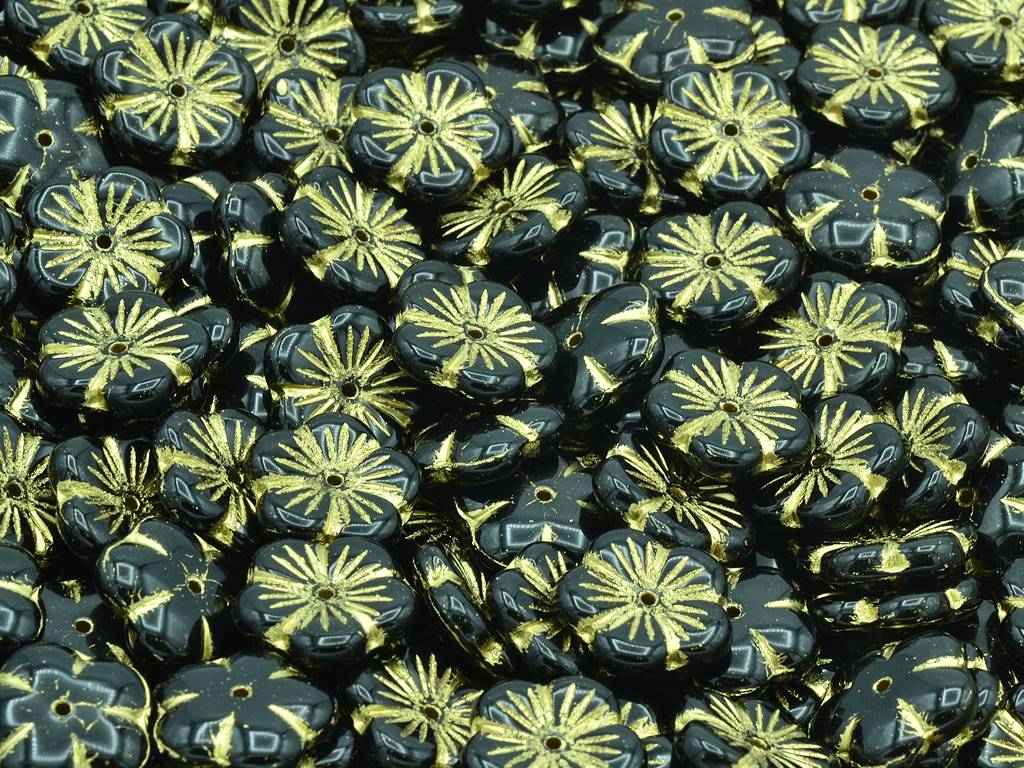 Cherry Flower Beads, Black Gold Lined (23980-54202), Glass, Czech Republic