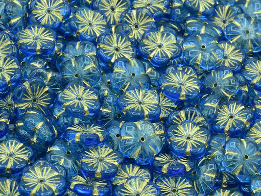 Cherry Flower Beads, Transparent Blue Gold Lined (30040-54202), Glass, Czech Republic