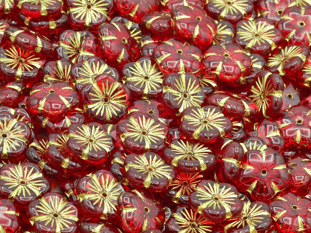 Cherry Flower Beads, Ruby Red Gold Lined (90080-54202), Glass, Czech Republic