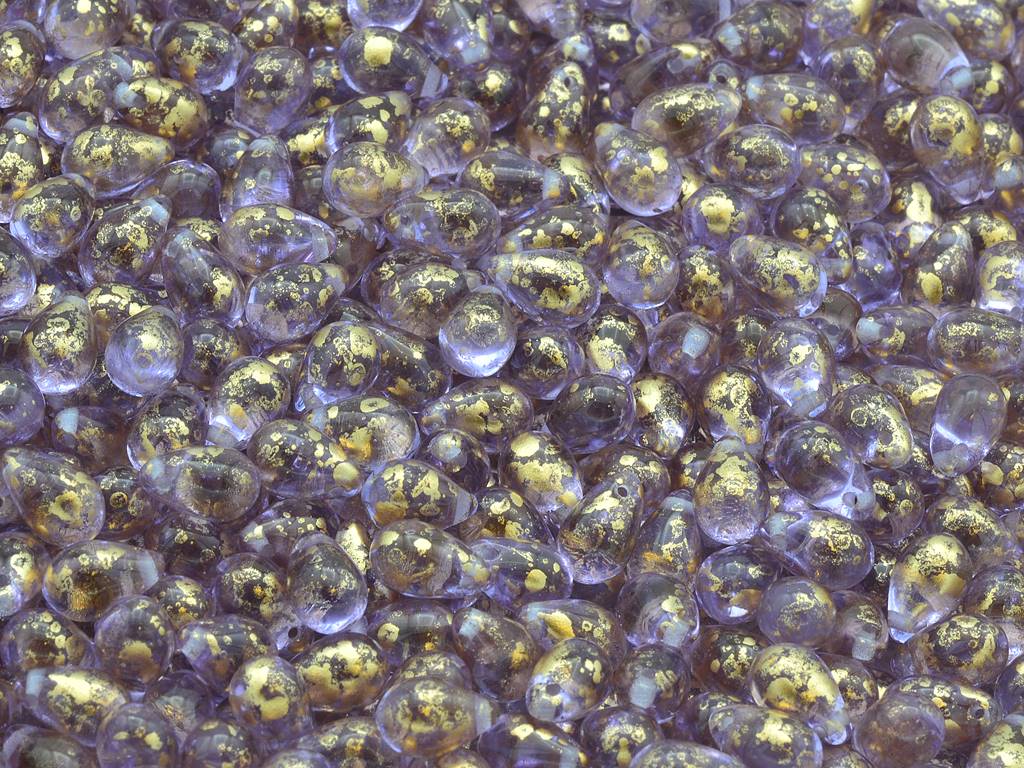 Tropfenperlen, Transparent Light Amethyst Gold Splash (20210-94401), Glas, Tschechische Republik