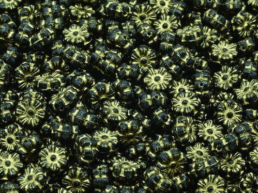 Flower Beads, Black Gold Lined (23980-54202), Glass, Czech Republic