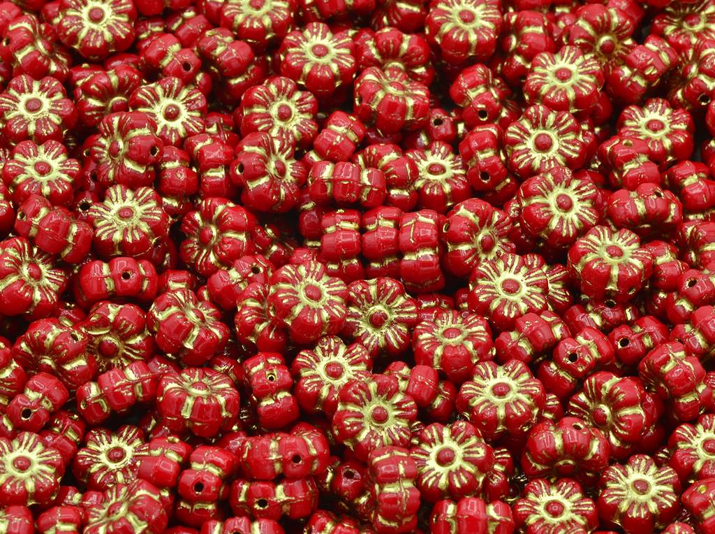 Flower Beads, Opaque Red Gold Lined (93200-54202), Glass, Czech Republic