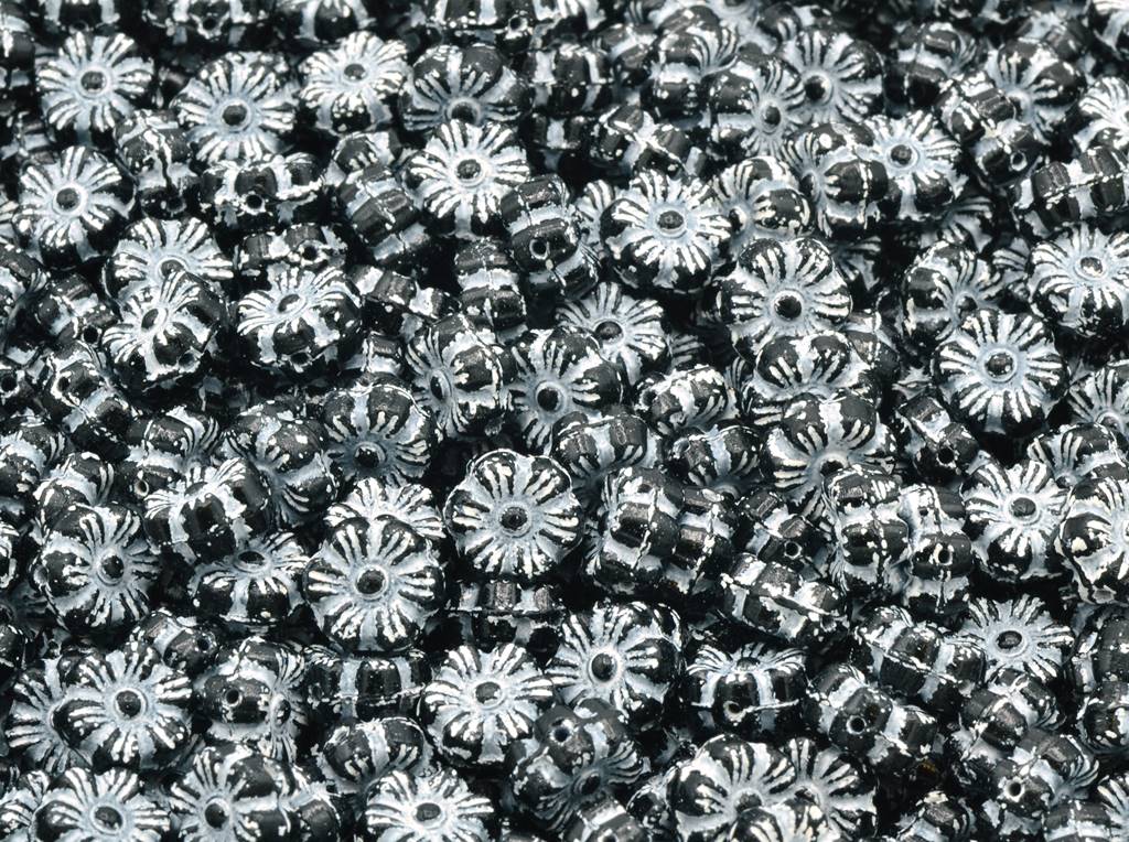 フラワービーズ、黒白ライン入り（23980-46401）、ガラス、チェコ共和国