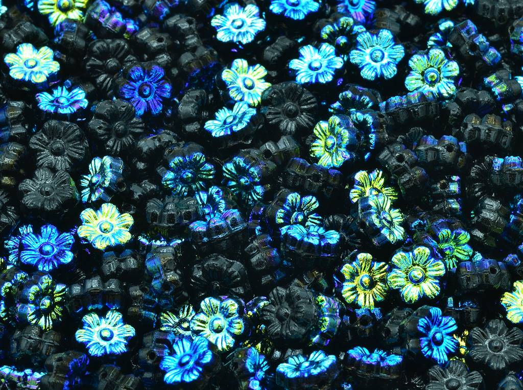 Flower Beads, Black Ab (23980-28701), Glass, Czech Republic