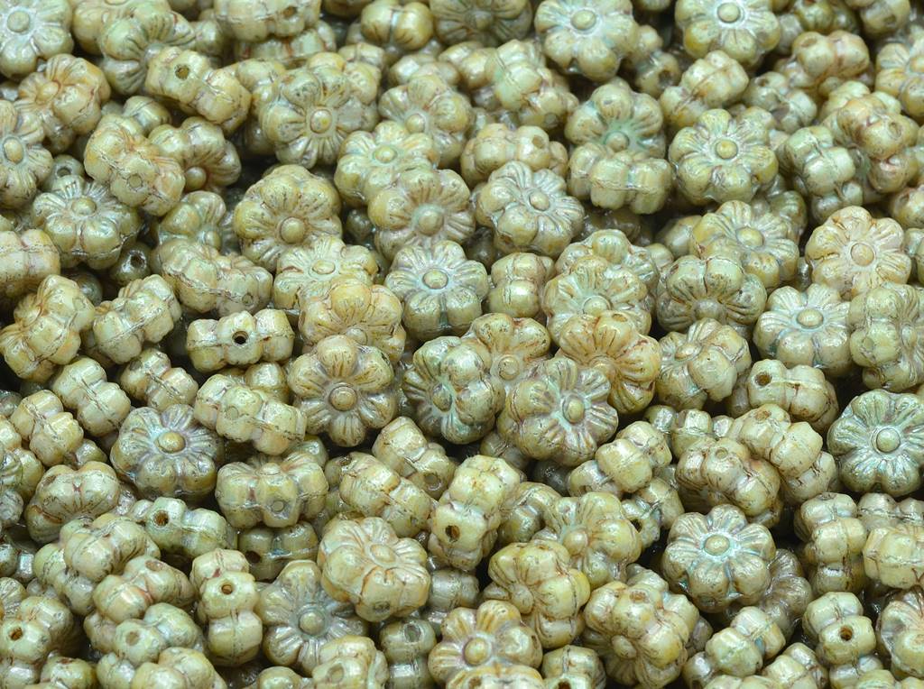 Flower Beads, Chalk White Stain With Luster Green (03000-65455), Glass, Czech Republic