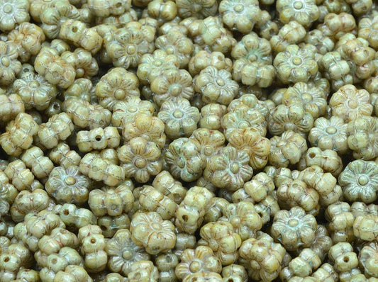 Flower Beads, Chalk White Stain With Luster Green (03000-65455), Glass, Czech Republic