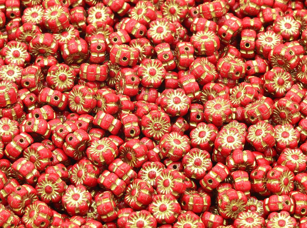 Flower Beads, Opaque Red Gold Lined (93200-54202), Glass, Czech Republic