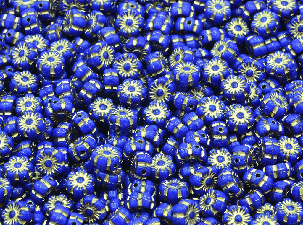 Flower Beads, Opaque Blue Gold Lined (33070-54202), Glass, Czech Republic