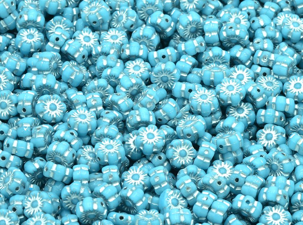 フラワービーズ、ブルーシルバーライン（63020-54201）、ガラス、チェコ共和国