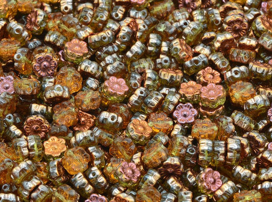 Flower Beads, Transparent Orange Crystal Pinkyellow Coating (10040-27137), Glass, Czech Republic