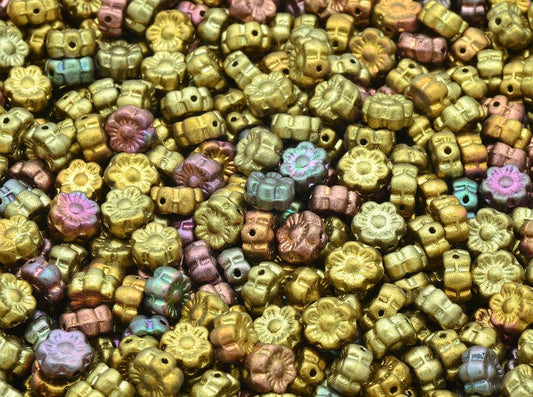 OUTLET 10 克花形珠子，6 x 6 毫米，紫色彩虹金属鸢尾花 (01640)，玻璃，捷克共和国