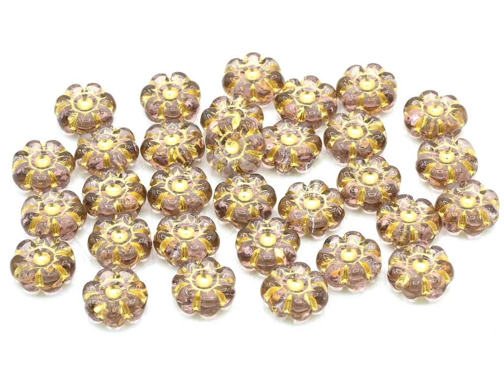 Flat Flower Beads, Transparent Light Amethyst Gold Lined (20020-54202), Glass, Czech Republic