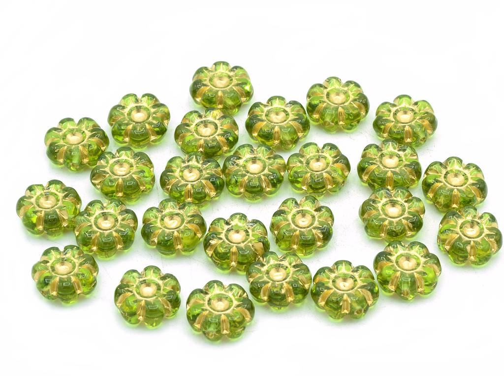 Flat Flower Beads, Transparent Green Gold Lined (50230-54202), Glass, Czech Republic