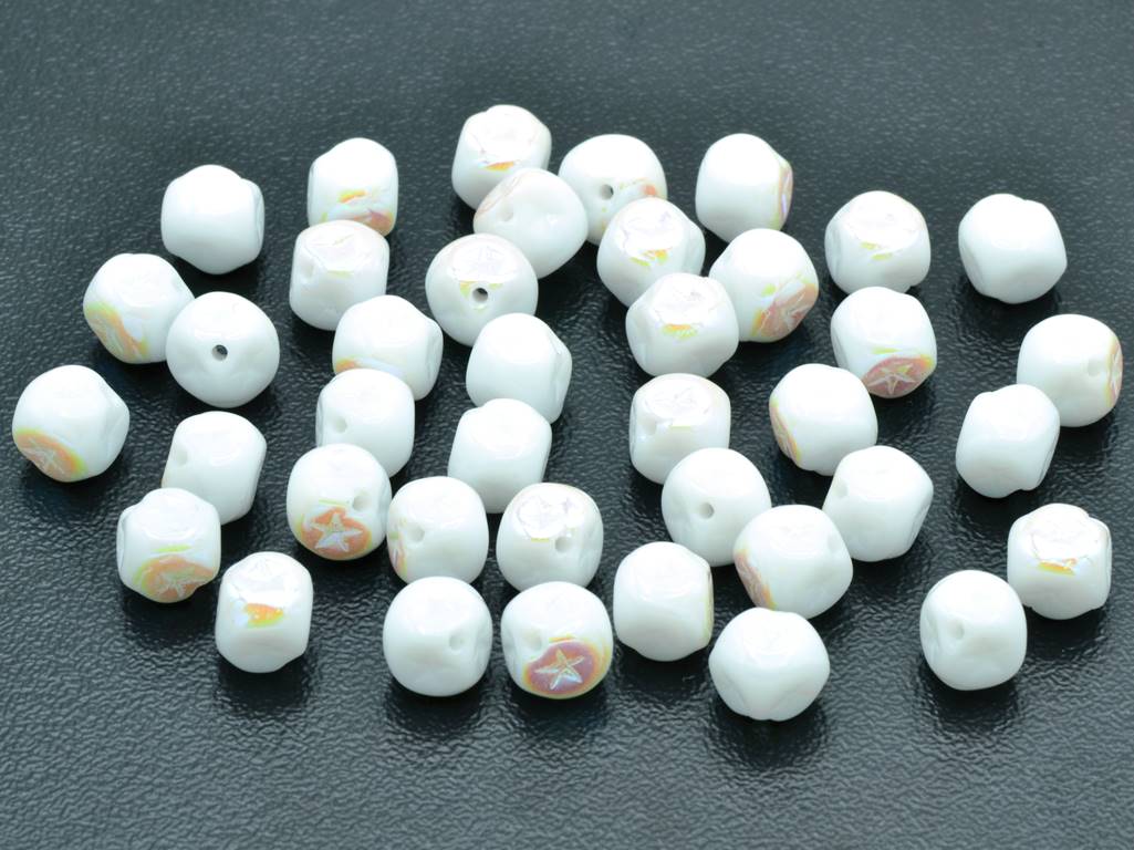 Cube beads with Stars, Chalk White Ab (03000-28701), Glass, Czech Republic