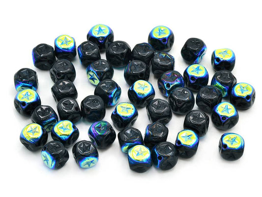 Cube beads with Stars, Black Ab (23980-28701), Glass, Czech Republic