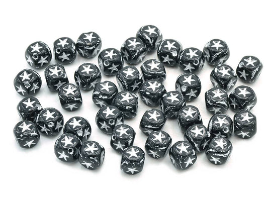 Cube beads with Stars, Black Silver Lined (23980-54201), Glass, Czech Republic