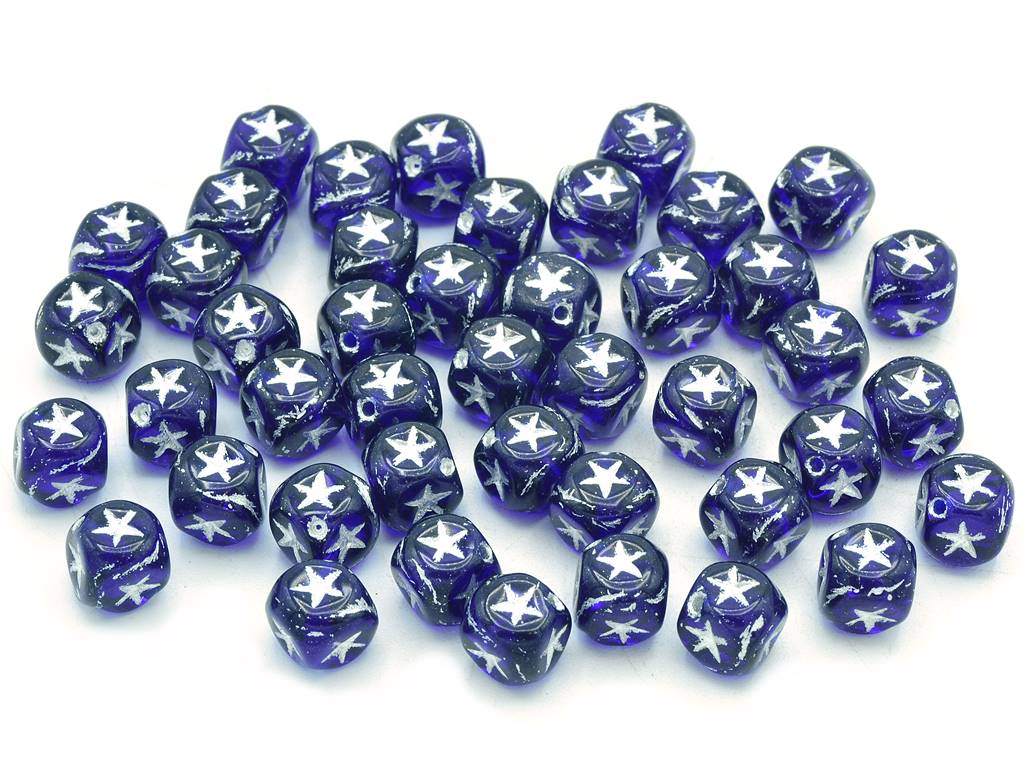 Cube beads with Stars, Transparent Blue Silver Lined (30090-54201), Glass, Czech Republic