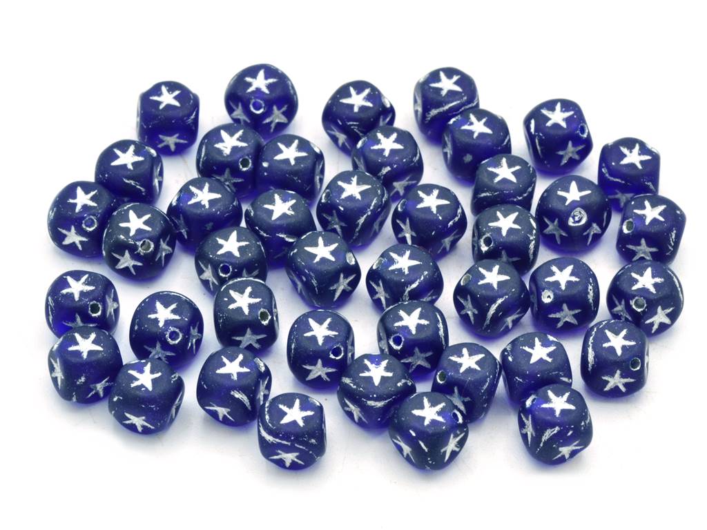 Cube beads with Stars, Transparent Blue Matte Silver Lined (30090-84110-54201), Glass, Czech Republic