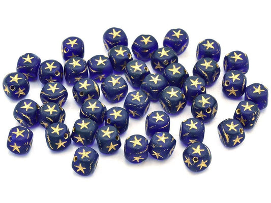 OUTLET 10 grams Cube Beads With Stars, 7 x 7 mm, Transparent Blue Matte Gold Lined (30090-84110-54202), Glass, Czech Republic