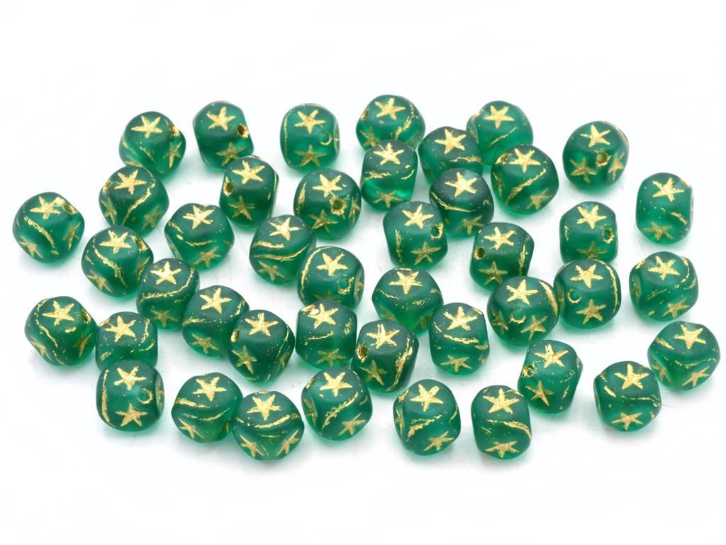 星付きキューブビーズ、透明グリーンエメラルドマットゴールドライン（50720-84110-54202）、ガラス、チェコ共和国