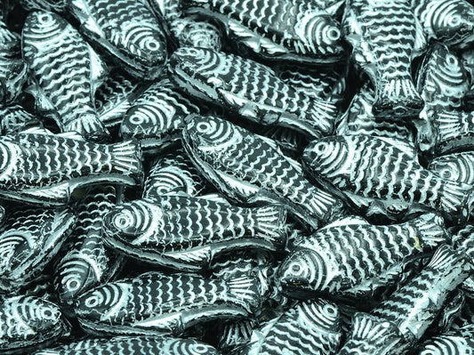 Große Fischperlen, schwarz-silber gefüttert (23980-54201), Glas, Tschechische Republik