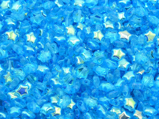 Flat Star Beads, Transparent Aqua Ab (60020-28701), Glass, Czech Republic