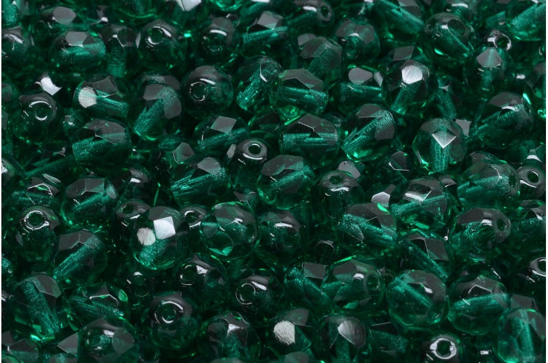 OUTLET 250g Round Faceted Fire Polished Beads, Transparent Green Emerald P (50730-P), Glass, Czech Republic