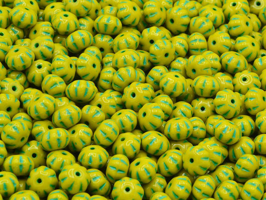Pumpkin Beads, Yellow Beige Green Lined (13740-46450), Glass, Czech Republic