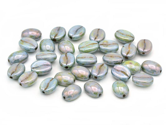 OUTLET 10 grams Coffee Bean Beads, 11 x 8 mm, Chalk White Stain With Luster Blue (03000-65431), Glass, Czech Republic