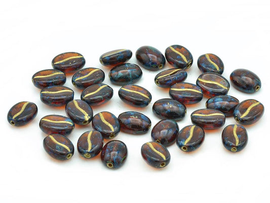 OUTLET 10 grams Coffee Bean Beads, 11 x 8 mm, Transparent Brown Travertin Gold Lined (10120-86800-54302), Glass, Czech Republic