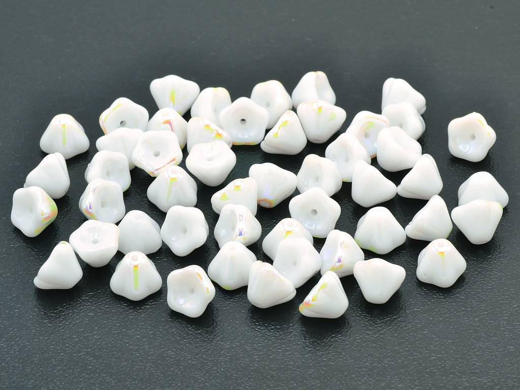 Bell Flower Beads, Chalk White Ab (03000-28701), Glass, Czech Republic