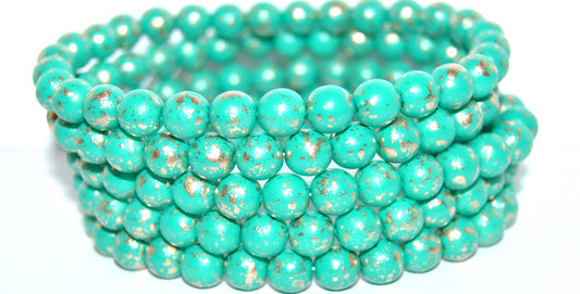 OUTLET 10 grams Round Druck Beads, 8 x 8 mm, Teal Golden Splash Golden Rain (13006-GOLDEN-RAIN), Glass, Czech Republic