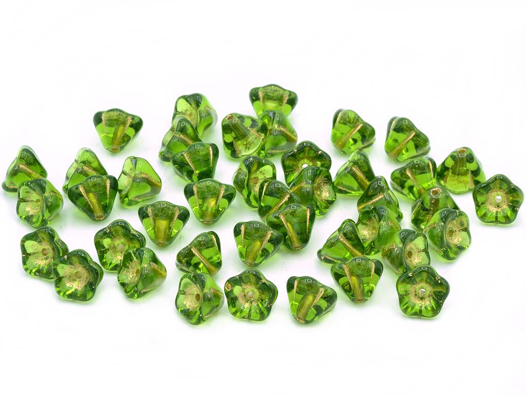 Bell Flower Beads, Transparent Green Gold Lined (50230-54202), Glass, Czech Republic