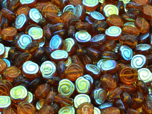 Spiral Snail Pressed Beads, Transparent Brown Ab (10110-28701), Glass, Czech Republic