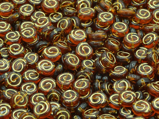 螺旋状のカタツムリ型押しビーズ、透明ブラウンゴールドライン（10110-54202）、ガラス、チェコ共和国