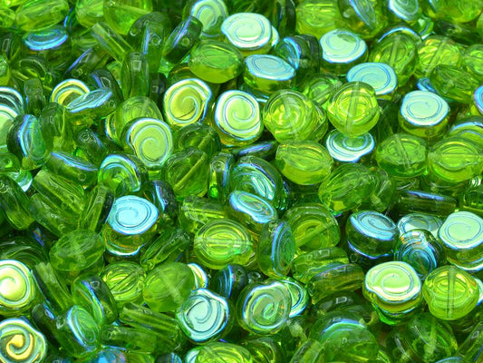 Spiral Snail Pressed Beads, Transparent Green Ab (50230-28701), Glass, Czech Republic