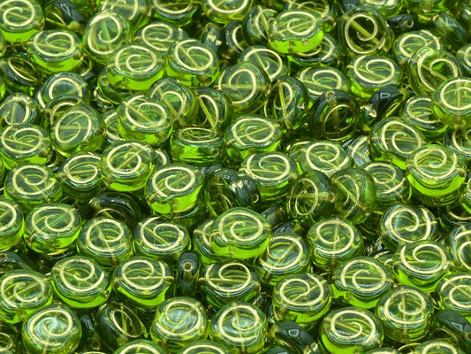 Spiral Snail Pressed Beads, Transparent Green Gold Lined (50230-54202), Glass, Czech Republic