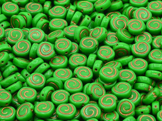 Spiral Snail Pressed Beads, Opaque Green Copper Lined (53230-54307), Glass, Czech Republic