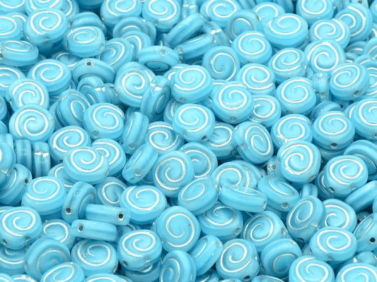 Spiral Snail Pressed Beads, Opal Aqua Silver Lined (61000-54201), Glass, Czech Republic