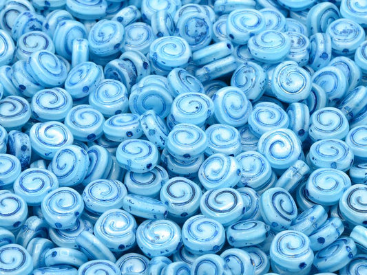 Spiral Snail Pressed Beads, Opal Aqua 54530 (61000-54530), Glass, Czech Republic