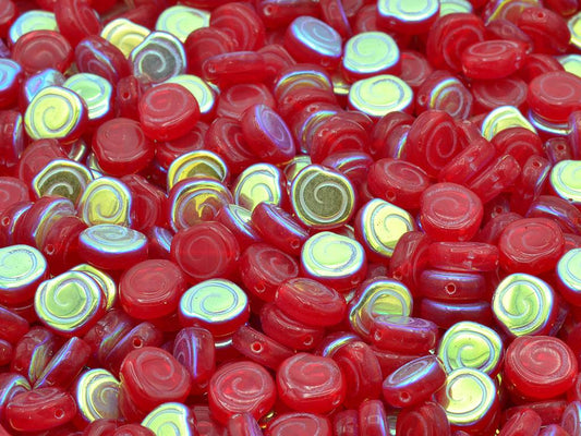 Spiral Snail Pressed Beads, Ruby Red Ab (90080-28701), Glass, Czech Republic