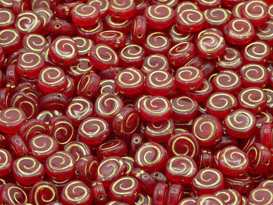 Spiral Snail Pressed Beads, Ruby Red Gold Lined (90080-54202), Glass, Czech Republic