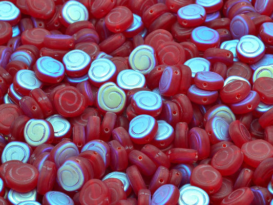 Spiral Snail Pressed Beads, Ruby Red Matte Ab (90080-84110-28701), Glass, Czech Republic