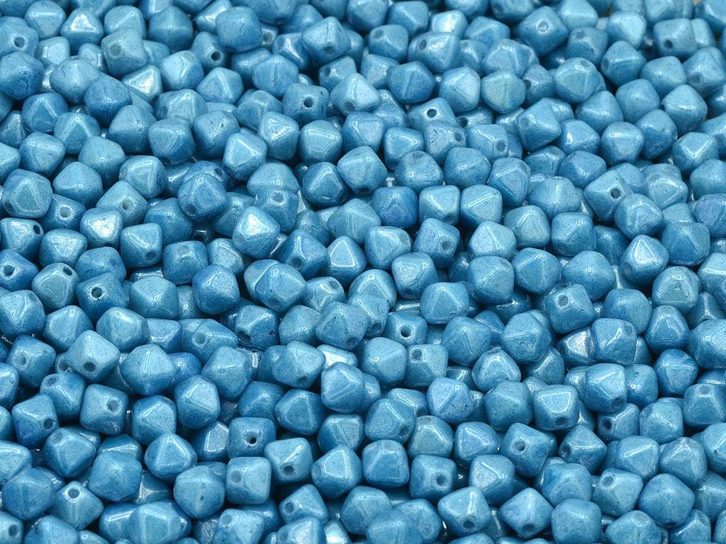 双円錐ビーズ、チョークホワイトラスターブルーフルコーティング（03000-14464）、ガラス、チェコ共和国