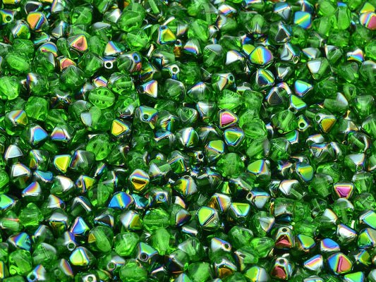 Bicone Beads, Transparent Green Crystal Vitrail Medium Coating (50410-28101), Glass, Czech Republic