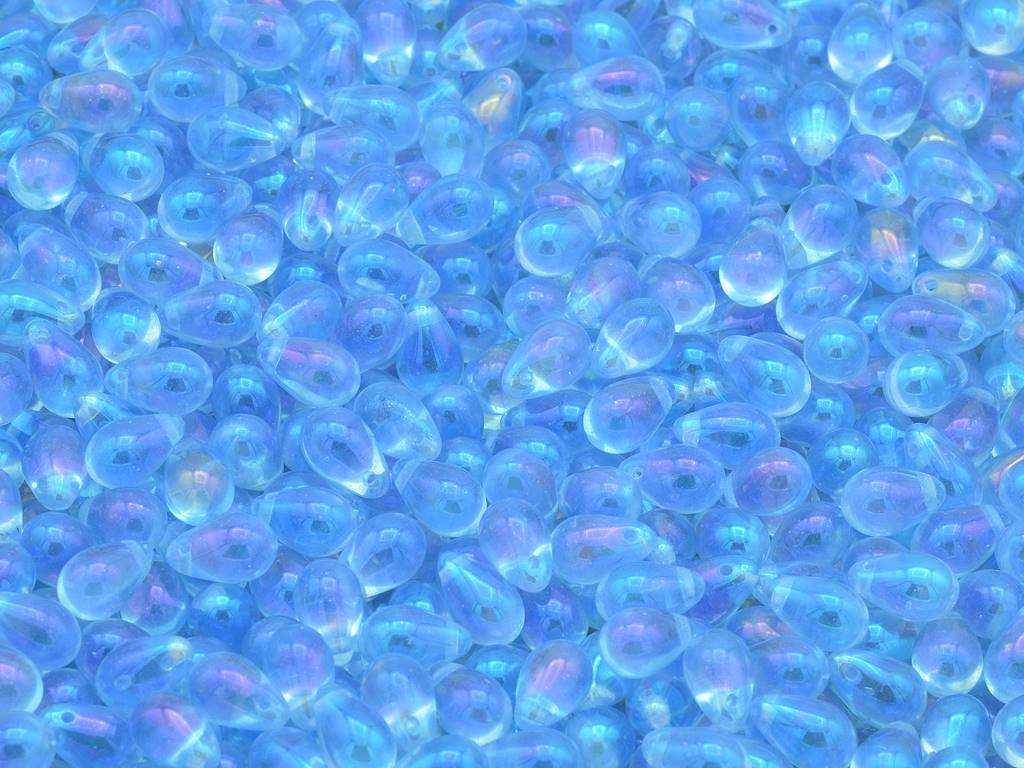 OUTLET 10 grams Drop Beads, 6 x 9 mm, Transparent Blue Rainbow Iris (30010-21405), Glass, Czech Republic