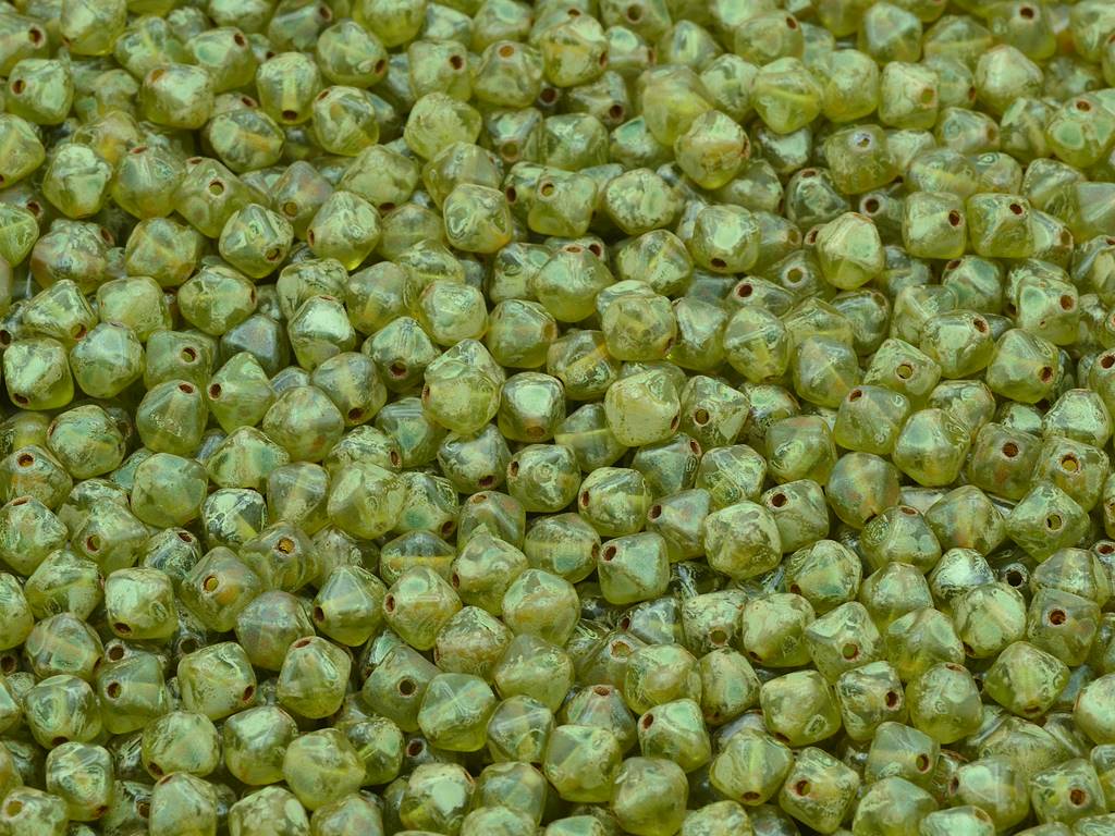 Bicone Beads, Transparent Green Travertin (50220-86800), Glass, Czech Republic